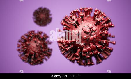 Illustrazione 3D di cellule di Coronavirus rosso Covid-19, visualizzazione del modello sars-COV-2 su sfondo viola Foto Stock