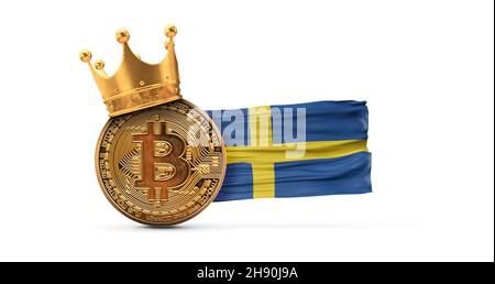 Bitcoin con corona d'oro e bandiera svedese. Concetto di re di criptovaluta. Rendering 3D Foto Stock