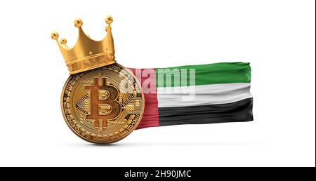 Bitcoin con corona d'oro e bandiera degli Emirati Arabi Uniti. Concetto di re di criptovaluta. Rendering 3D Foto Stock