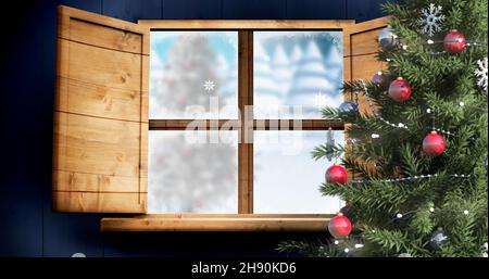 Immagine composita digitale di albero di natale decorato da finestra a casa, spazio copia Foto Stock