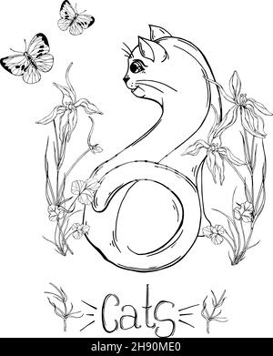 gatto grafico con fiori selvatici con insetti Illustrazione Vettoriale