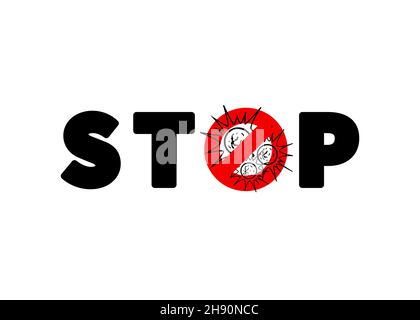 STOP COVID virus scritta con stop segno e rosso icona proibita isolato su bianco Illustrazione Vettoriale