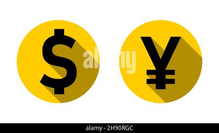 Dollaro USA Yen Giapponese o Yuan Cinese Cambio valuta segno o icona impostato con un design stile moneta d'oro ed effetto ombra 3D. Immagine vettoriale. Illustrazione Vettoriale