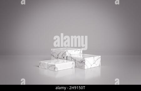 Podi di marmo su sfondo grigio. Piedistalli in pietra per vetrina prodotti. Mokups di modello di pubblicità. Rendering 3D. Foto Stock