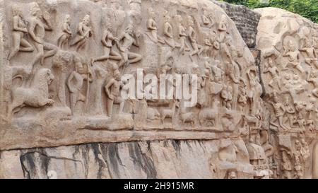 La discesa del Gange, conosciuta anche come Penitenza di Arjuna, a Mahabalipuram, è uno dei più grandi rilievi rocciosi in Asia e presenta in diversi indù Foto Stock