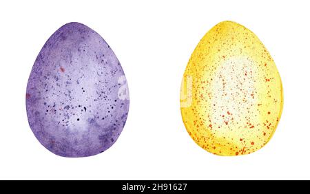 Acquerello set di illustrazione di uova di Pasqua giallo e viola macchiati. Felice modello pasquale per design isolato su sfondo bianco. Disegnato a mano. Foto Stock