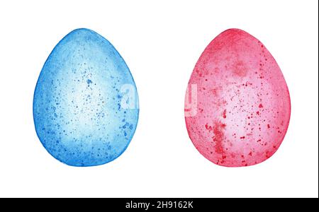 Acquerello illustrazione set di rosa e blu uova di Pasqua in macchie felice Pasqua modello per design isolato su sfondo bianco. Disegnato a mano. Foto Stock