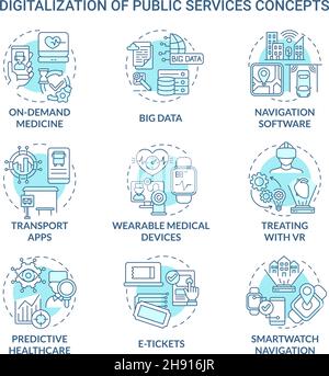 Digitalizzazione dei servizi pubblici: Set di icone di concetto blu Illustrazione Vettoriale