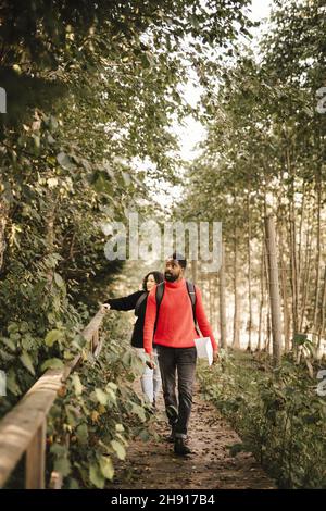 Donna che punta alle piante mentre cammina con il ragazzo nella foresta Foto Stock