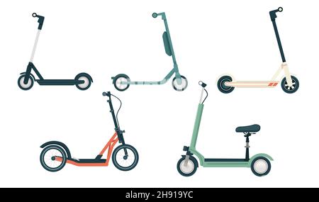 Moderna collezione di scooter elettrici cittadini illustrazione vettoriale su sfondo bianco Illustrazione Vettoriale