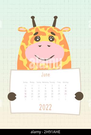 calendario 2022 giugno, animale della giraffa carino che tiene un foglio mensile di calendario, stile infantile disegnato a mano. Illustrazione Vettoriale