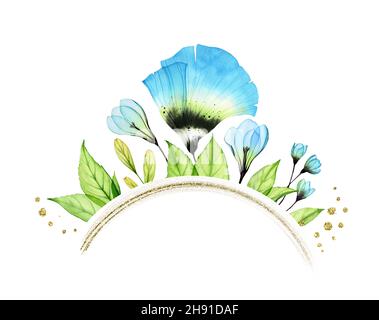 Banner floreale acquerello con anemone blu. Poster astratto con fiori primaverili e cornice rotonda con glitter dorata. Posiziona per testo. Floreale botanico Foto Stock