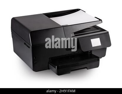 moderna stampante multifunzione a getto d'inchiostro nero con carta isolata su sfondo bianco Foto Stock