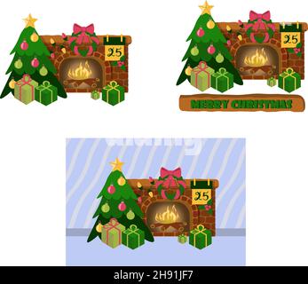 Composizioni natalizie con camino e albero di Natale su sfondo trasparente Illustrazione Vettoriale