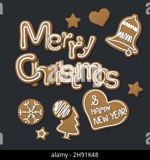 Allegra carta di Natale fatta da varie lettere dolci di natale biscotti di pan di zenzero con glassa bianca. Elementi piacevoli per la vostra carta di chritmas o sociale me Illustrazione Vettoriale
