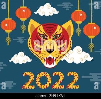 2022. Anno della tigre. Poster moderno per il nuovo anno per secondo il calendario cinese orientale con tigri e foglie tropicali. Vettore Illustrazione Vettoriale