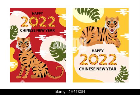 2022. Anno della tigre. Poster moderno per il nuovo anno per secondo il calendario cinese orientale con tigri e foglie tropicali. Vettore Illustrazione Vettoriale