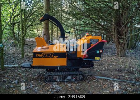 St Cyrus, Aberdeenshire, Scozia, 3 dicembre 2021: Nella foto: Ingegneri SSEN che sradica alberi e detriti che hanno abbassato linee elettriche a bassa tensione alla periferia di St Cyrus. Le proprietà in questa zona sono state senza alimentazione per 7 giorni. Gli ingegneri hanno lavorato lungo la rete elettrica, dall'alta tensione alla media tensione, e infine ai sistemi a bassa tensione, che sono le linee elettriche che si vedono entrare nelle nostre case. Gli ingegneri lavorano in condizioni pericolose, hanno lavorato per lunghe ore cercando di ripristinare l'alimentazione alle case. Credit:Barry Nixon/Alamy Live News Foto Stock