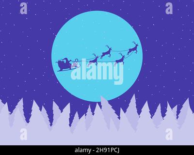 Babbo Natale in slitta con renne sullo sfondo della luna e un paesaggio innevato con alberi di Natale. Design festivo per biglietti d'auguri Illustrazione Vettoriale