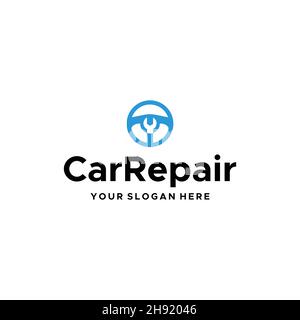 Design del logo del volante con chiave piatta CarRepair Illustrazione Vettoriale
