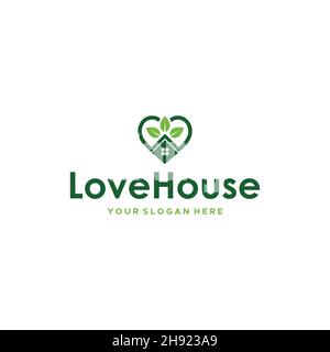 flat LoveHouse edificio tetto foglie logo design Illustrazione Vettoriale