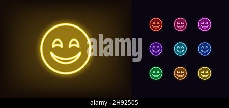 Icona Outline neon emoji. Simbolo emoji carino al neon luminoso, pittogramma emoticon sorridente dai colori vivaci. Divertente silhouette emoticon, viso contento, emotio felice Illustrazione Vettoriale