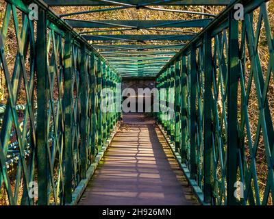 Passerella in metallo sul fiume Derwent vicino Matlock Bath nel Derbyshire Peak District Inghilterra UK. Foto Stock