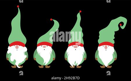 Set di Natale Gnome, Scandinavo Nordic Gnome, Natale carino Santa Gnome Elf. Illustrazione vettoriale isolata su sfondo nero. Elementi xmas per Illustrazione Vettoriale
