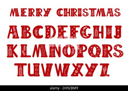 Maiuscolo rosso decorato a mano lettere disegnate di alfabeto inglese natale Doodle stile illustrazione vettoriale, calligrafica abc, carino divertente scrittura a mano, cartone animato e lettere Illustrazione Vettoriale