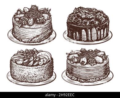 Torta, torta set. Dessert, dolce cibo disegno a mano Illustrazione Vettoriale