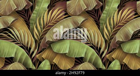 Motivo tropicale senza giunture, foglie di banana grunge dorate, palma nella giungla. Illustrazione 3D vintage testurizzata, design di alta qualità. Sfondo di lusso Foto Stock