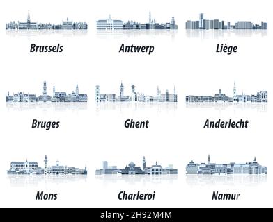 Belgio principali città paesaggi urbani in tinte di colore blu tavolozza. Stile estetico cristallino Illustrazione Vettoriale