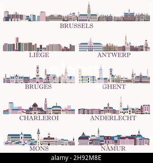 Belgio principali città paesaggi urbani in ricchi colori pastello chiaro e colorato. Stile estetico magico Illustrazione Vettoriale