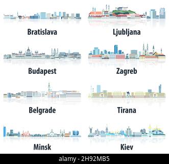 Le città dell'Est Europa si srotola in tinte di colore blu. Stile estetico cristallino Illustrazione Vettoriale