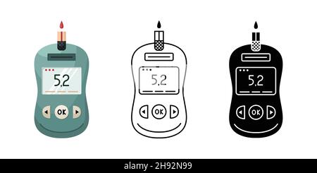 Illustrazione vettoriale di un dispositivo per misurare i livelli di zucchero nel sangue a casa. Glucometro per diabetici. Design semplice e lineare Illustrazione Vettoriale