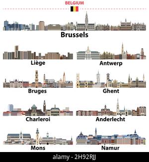 Le città più grandi del Belgio skyline. Raccolta vettoriale Illustrazione Vettoriale