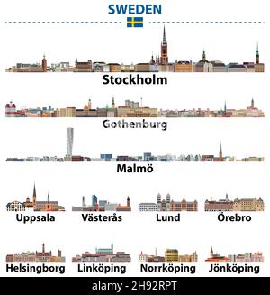 Le principali città svedesi skyline. Raccolta vettoriale Illustrazione Vettoriale