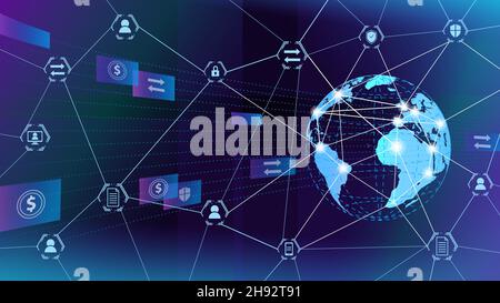 Background astratto vettoriale della tecnologia inetrnet nel mondo. Trasferimento di denaro, connessione online, scambio sicuro di dati Illustrazione Vettoriale