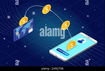 Trasferimento di denaro da smartphone a scheda. Illustrazione del concetto di vettore isometrico Illustrazione Vettoriale