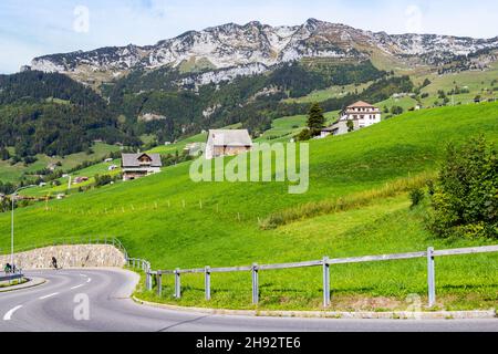 Prato e chalet ai piedi del monte Mattstock nella regione del lago di Walen, Svizzera Foto Stock