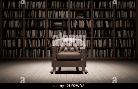 Poltrona in pelle in biblioteca con vecchi libri 3d rendering illustrazione 3d Foto Stock