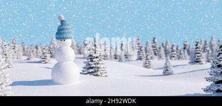 Snowman in una bella foresta innevata. Illustrazione 3d del rendering dello sfondo delle vacanze invernali Foto Stock