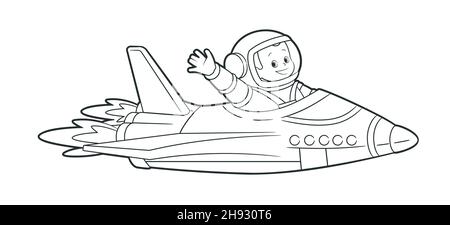 Libro da colorare: Un astronauta vola su una navetta tra i pianeti e ondeggia la sua mano nel saluto. Illustrazione vettoriale , stile cartoon, bianco e nero Illustrazione Vettoriale