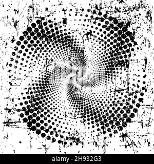 Linee tratteggiate a mezzitoni a grunge nera in forma di vortice. Motivo grunge retrò. Elemento di design per banner, badge, emblemi, poster, effetto grungy, modello Illustrazione Vettoriale