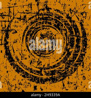 Astratto sfondo a spirale nero grunge. Distress grana urbana texture di macchie, inchiostro, punti, strisce, graffi. Motivo grunge retrò. Elemento di progettazione Illustrazione Vettoriale