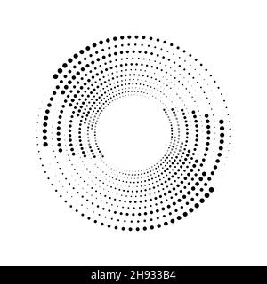 Linee di velocità nere tratteggiate a mezzitoni in forma di spirale. Elemento di design alla moda per cornice di bordo, logo rotondo, tatuaggio, segno, simbolo, pagine web, stampe Illustrazione Vettoriale