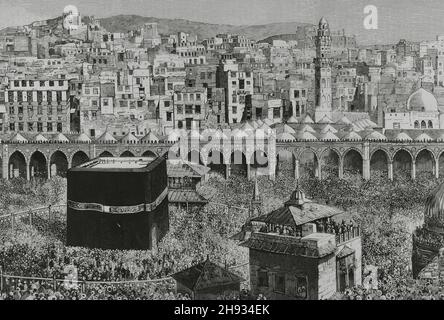 Arabia Saudita, Mecca. Vista generale della città. Nel centro della moschea al-Masjid al-Haram, la Kaaba, che ospita la 'pietra Nera. Incisione. Dettaglio. La Ilustración Española y americana, 1882. Foto Stock