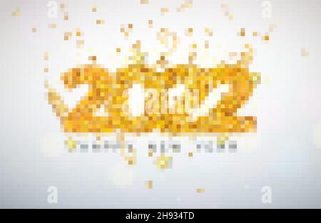Illustrazione di Happy New Year 2022 con Shiny Gold Glittered Number, Fallinbg Confetti e Serpentine e su sfondo bianco. Vector Holiday Illustrazione Vettoriale
