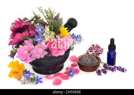Fiori ed erbe medicinali per oli aromatherapy in un mortaio con bottiglia di olio essenziale. Pianta basata medicina di erbe salute e benessere concetto. Foto Stock