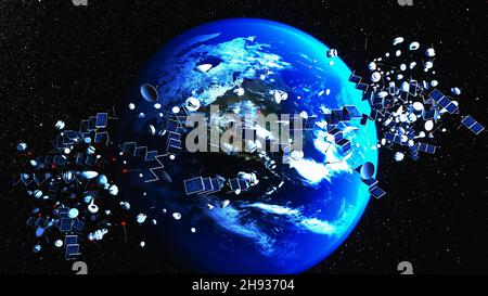 Un sacco di spazzatura satellitare in orbita (rendering 3d, questo elemento immagine fornito dalla NASA) Foto Stock